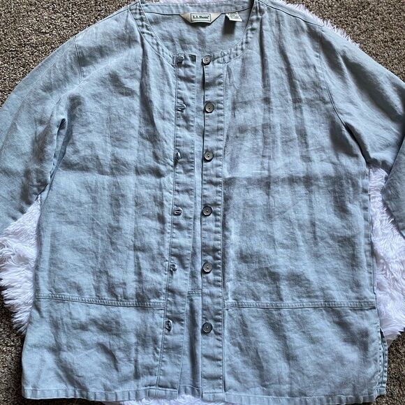 L.L. Bean Linen Button Front Thin Jacket Shacket Blue Womens Size Medium Petite - Picture 8 of 11